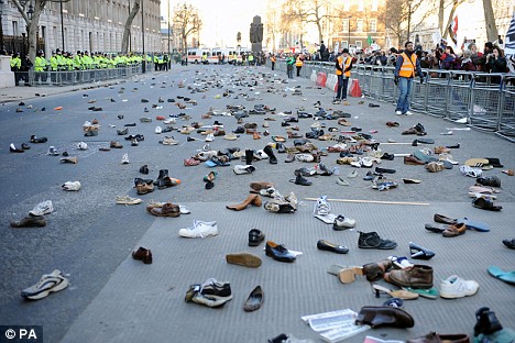 Shoes litter Downing Street